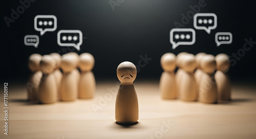 Wooden figure standing alone looking sad with speech bubbles directed at it, surrounded by a group of figures blurred in the background