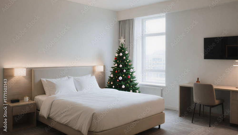 Fototapeta premium Bright Hotel Room with Small Christmas Tree in Corner
