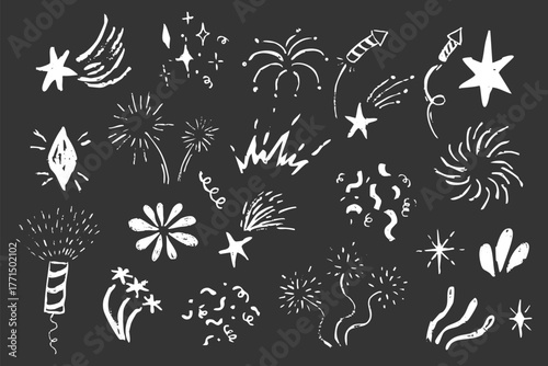 Firework white Chalk hand drawn star blink, firework, glitter silhouette and glowing symbols in sketch style set. Confetti doodle grunge simple decoration.