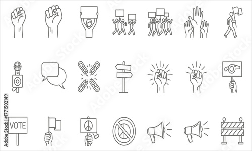 Protest symbols and signs icons representing demonstration, voting, and social movements