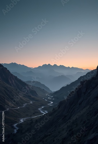 Sunset in the mountains. Landscape with mountains and river.