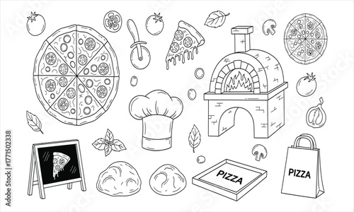 Delightful Hand-Drawn Italian Pizza Elements Outline Vector Collection Featuring Whole Pies, Slices, Wood-Fired Oven, Chef Hat, and Essential Ingredients for Menus and Culinary Designs