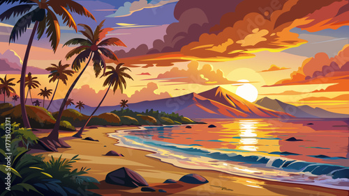 Very beautiful sunset view from Mokapu Beach in Wailea, Maui, Hawaii, where golden light gently illuminates the West Maui Mountains and reflects over calm ocean waves creating a peaceful tropical para