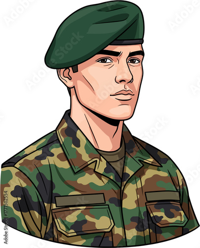 Army Soldier Vector Portrait — Male Military Character Illustration for Defense, Service, and Patriotic Hero Concepts