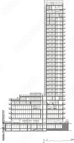 Architectural blueprint elevation drawing of a modern high rise building with multiple floors and a distinct l shaped design