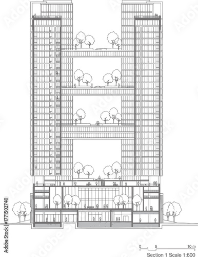 Architectural blueprint of a modern building with multiple floors and open courtyard showcasing detailed structural elements and green spaces