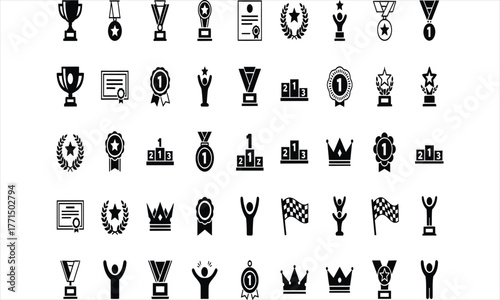 Vector Award and Achievement Icon Set Celebrating Success with Trophies, Medals, Cups, Crowns, and Certificates for Recognition and Competition Themes