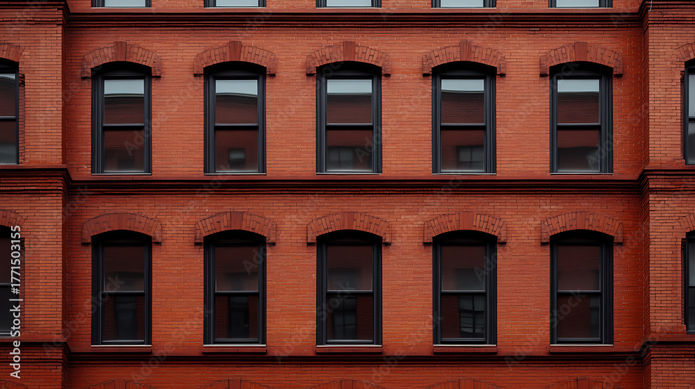 Obraz premium A historic brick building façade with symmetrical windows, evoking urban heritage and architectural design. The building's design blends timeless elements seamlessly.