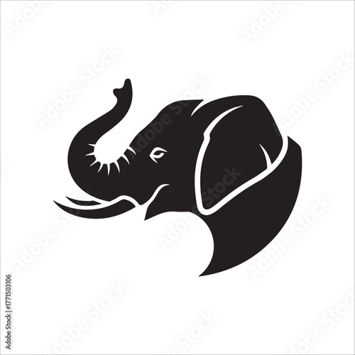Stylized black silhouette of an elephant head with trunk raised against a white background