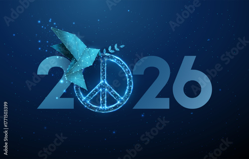 2026 New Year greeting card with paper origami dove holding olive branch in beak and peace symbol Global peace, harmony, unity, hope for better future concept