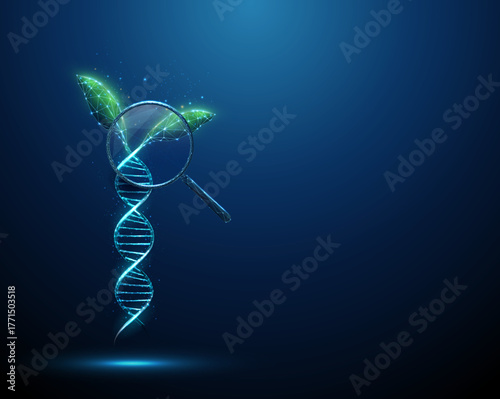 Green plant leaves growing from a blue 3D DNA helix under a magnifying glass. Sustainable agriculture, trait optimization, quality control concept.