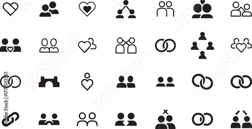 Collection of simple black and white icons representing love relationships and family connections