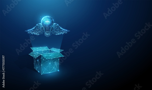 3d blue light bulb with wings flying out of an open box. Creativity, innovation, idea generation, inspiration, vision, problem-solving concept.