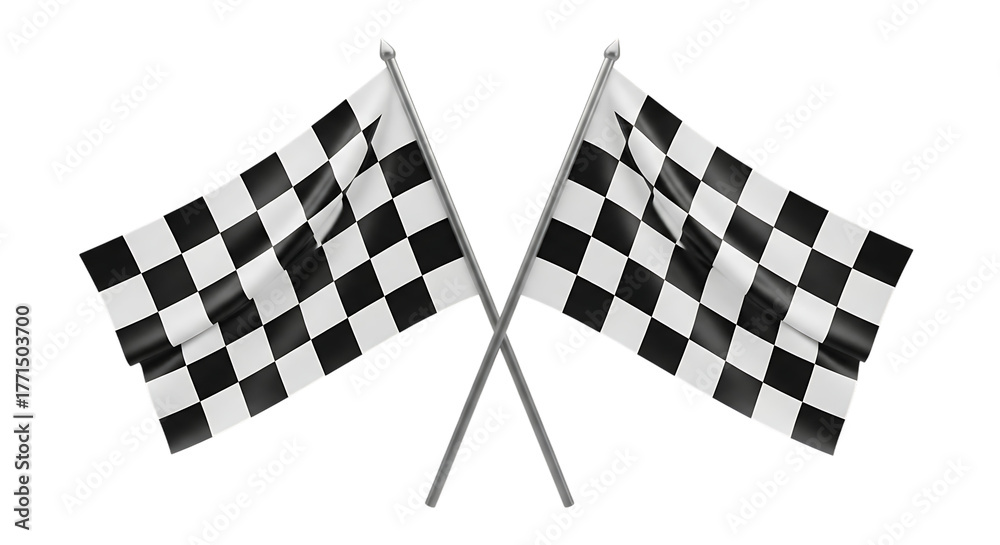 Fototapeta premium Two checkered racing flags crossed on poles with flowing fabric, isolated on a white or transparent background, cutout, PNG