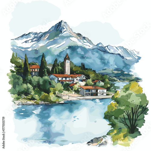 Bariloche. Bariloche hand drawn watercolor illustration