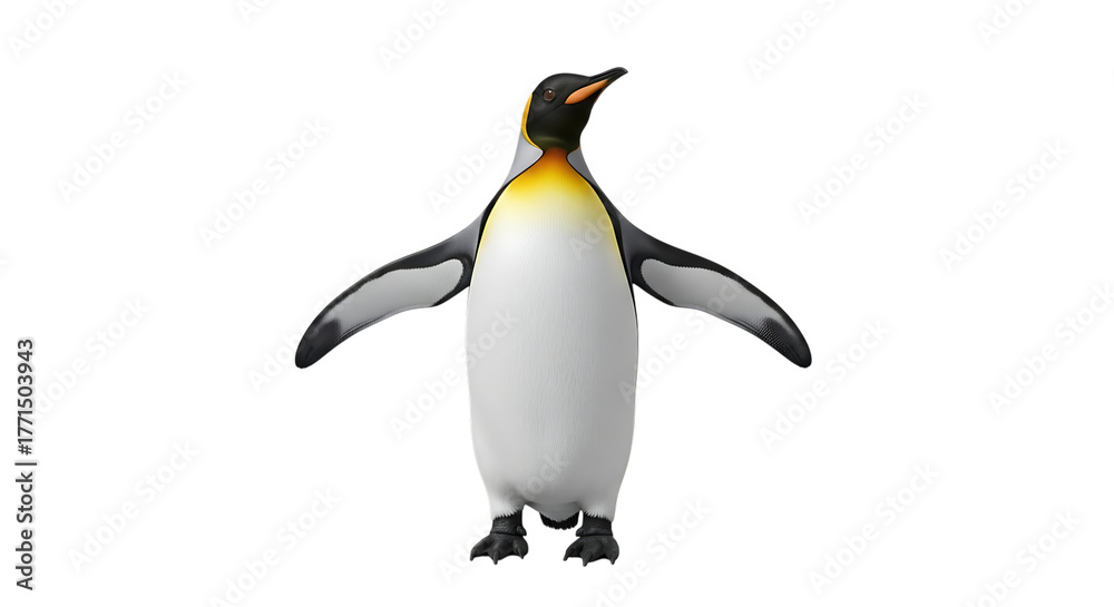 Naklejka premium King Penguin with outstretched wings and orange beak, isolated on a white or transparent background, cutout, PNG