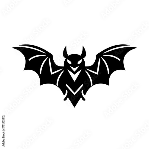 A monochromatic (black) silhouette vector illustration depicting a bat in a spooky style, resembling a devil or a dracula creature.