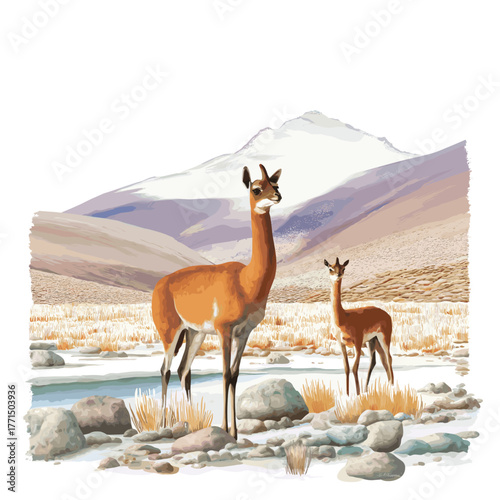 Eduardo Avaroa Andean Fauna National Reserve. Eduardo Avaroa Andean Fauna National Reserve hand drawn watercolor illustration