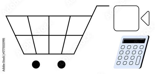 Shopping cart, calculator, and a button icon combine to represent e-commerce, budgeting, online transactions, and cost calculation. Ideal for retail, finance, shopping technology analysis