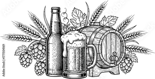 Botanical illustration of a natural cosmetic product bottle surrounded by leaves and organic ingredients for beauty