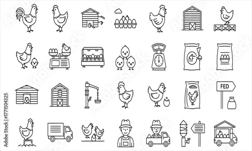 Collection of Chicken and Farming Icons for Agriculture and Poultry Industry