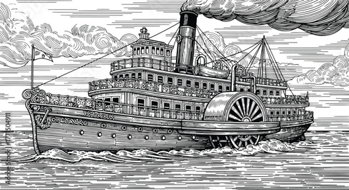 Old-fashioned steam train illustration in dark grayscale with smoke billowing from its stack against a somber backdrop