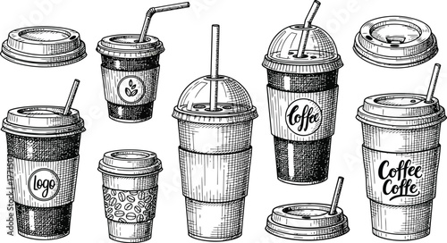 Outline illustrations of various disposable coffee cups with lids and straws for takeaway beverages and drinks concept