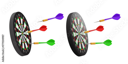 Dartboard and darts. Darts. Vector 3d clipart isolated on white background