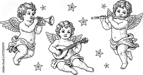 Three cherubic figures playing musical instruments trumpet lute and flute with stars in a monochrome outline illustration