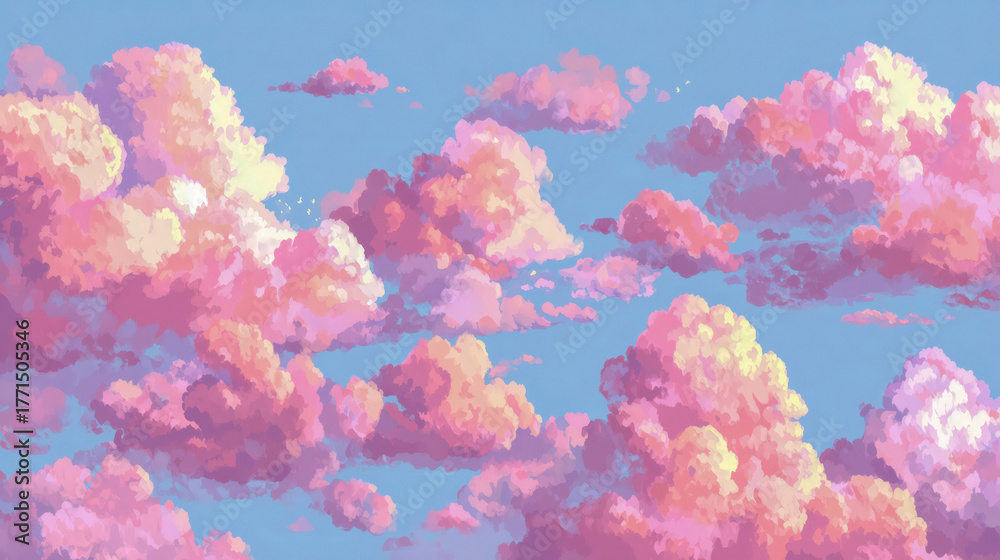 Fototapeta premium Vibrant pastel clouds drift across a serene blue sky, evoking feelings of peace and wonder in a beautifully painted atmospheric landscape.