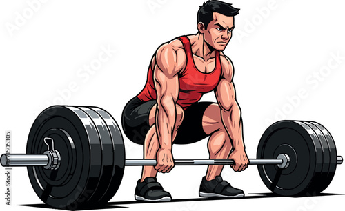 Fitness-focused illustration of a man with large muscles setting up to execute a powerful, heavy barbell lift