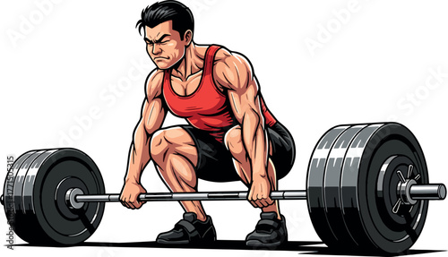 Fitness-focused illustration of a man with large muscles setting up to execute a powerful, heavy barbell lift