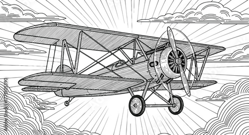 Vintage biplane flying through a dramatic cloudy sky with radiating sun rays in a dark monochrome graphic illustration