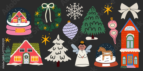 Festive Christmas and New Year's cartoon elements set in groovy style, wreaths, Christmas trees, decorations, houses, Christmas snow globe, branches, bow. Retro winter vector illustrations