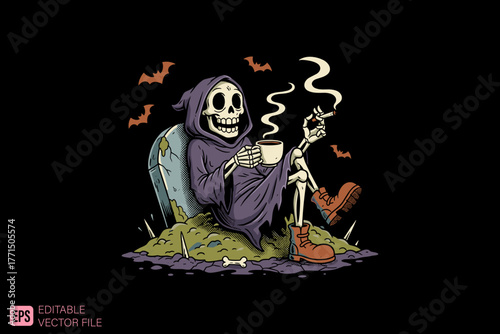Grim Reaper Enjoying Coffee and Cigarette in Graveyard.