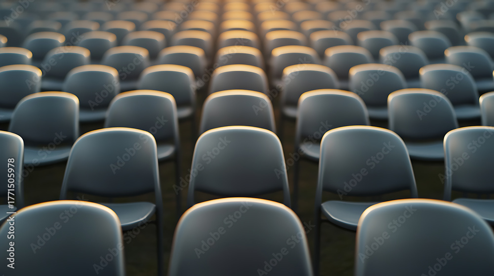 Naklejka premium Captivating rows of gray chairs aligned perfectly, bathed in the warm glow of sunlight, symbolizing unity and anticipation for an upcoming event or gathering. Space ready for guests.