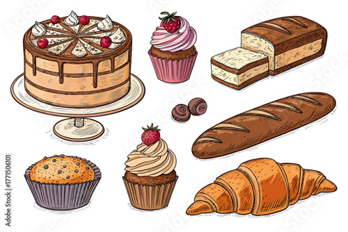 Delicious bakery treats vector art for menus, recipe blogs, and food promotions.