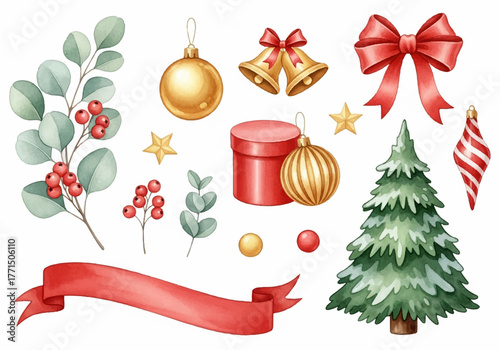 Charming watercolor holiday elements including a decorated Christmas tree, festive ornaments, bells, gift box, ribbon, and foliage for a festive background