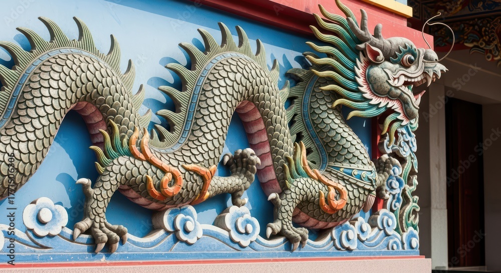 Obraz premium Decorative chinese dragon relief on temple wall with blue background
