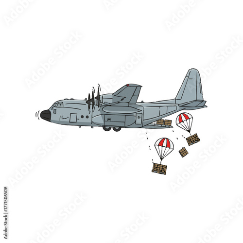 Illustration of a gray propeller transport plane performing an aerial drop, releasing multiple supply boxes with parachutes, symbolizing rapid logistical support and humanitarian aid