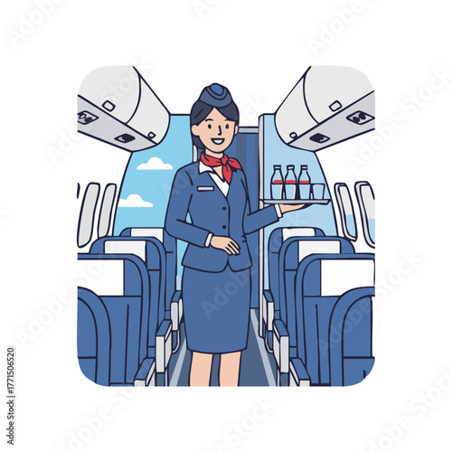 Friendly flight attendant in uniform smiling while offering drinks from a service tray in an airplane cabin, representing excellent in-flight hospitality and travel service