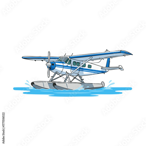 Seaplane with pontoons landing in water, illustration