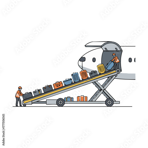 Ground crew loading luggage onto an airplane using a conveyor belt at an airport terminal