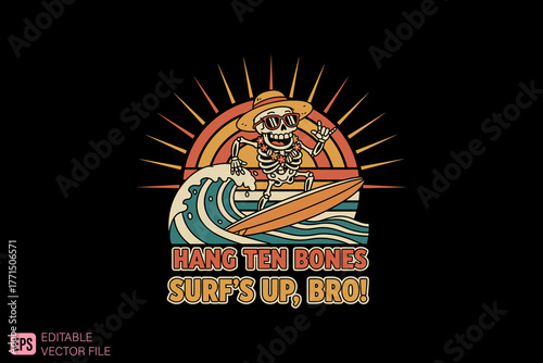 Cool Skeleton Surfer Riding a Wave at Sunset.