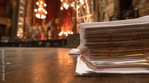 Stacked papers with rubber bands, on wooden table, theater stage with chandeliers and lights in background, low-angle view, copy space.