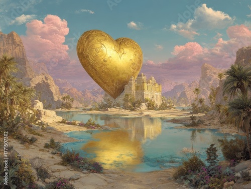 Surreal Digital Painting of a Large Golden Heart Floating Above a Reflective Lake with Desert Oasis and Mountains