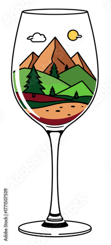 Wine glass with red wine in nature, showcasing fields and mountains in the background