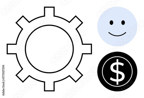 Gear as productivity symbol, smile face indicating satisfaction, and dollar coin suggesting success. Ideal for concepts thumbs up teamwork, strategy, finance, growth, positivity, achievement simple