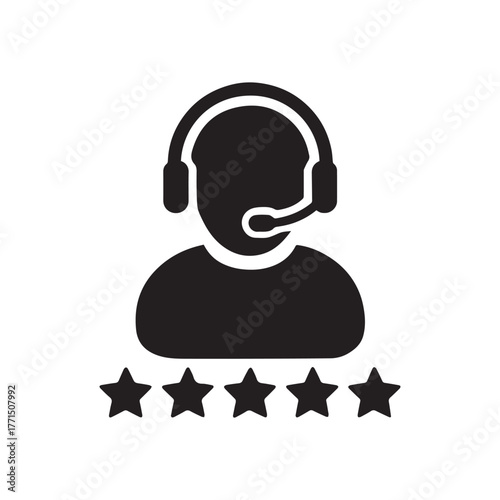 Business support icon vector male customer care service person profile avatar with a headphone and a star rating for online assistant in glyph pictogram illustration.