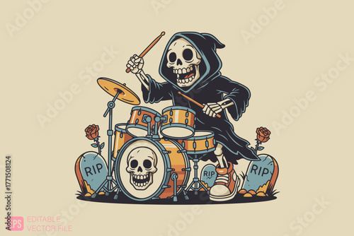 Grim Reaper Skeleton Playing Drums with Tombstones and Skulls.